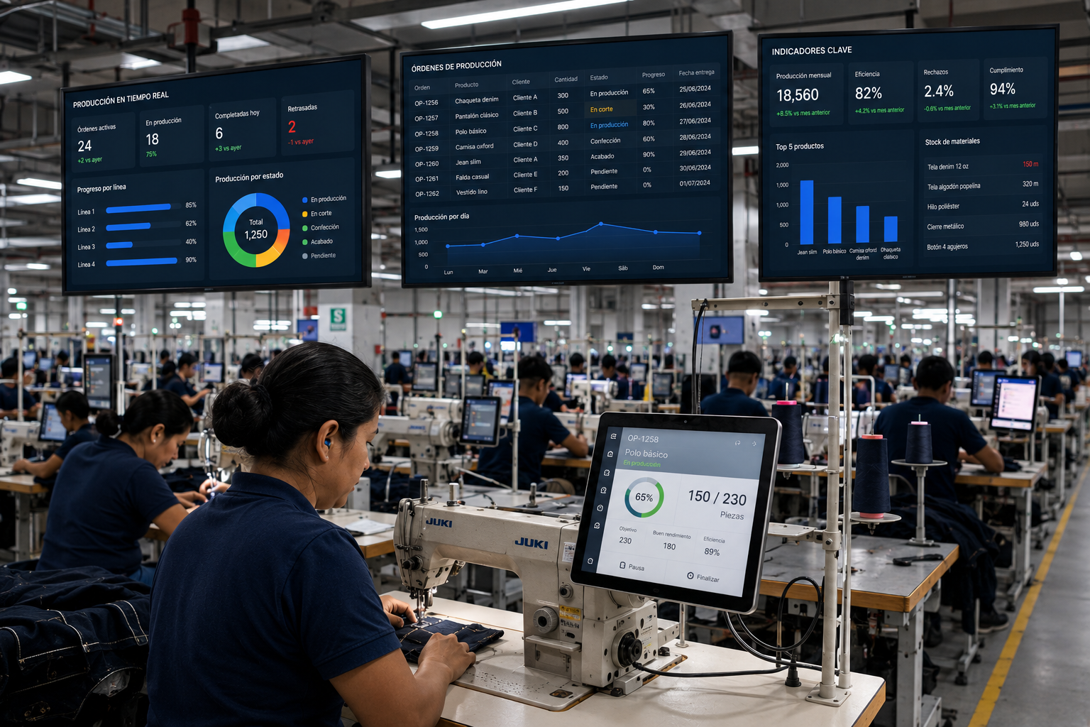 Planta de confección con tableros de producción y seguimiento en tiempo real